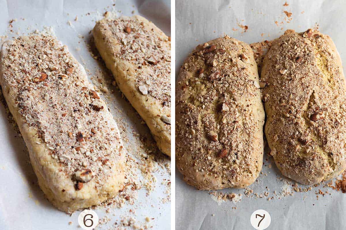 Two logs of biscotti dough before and after baking.