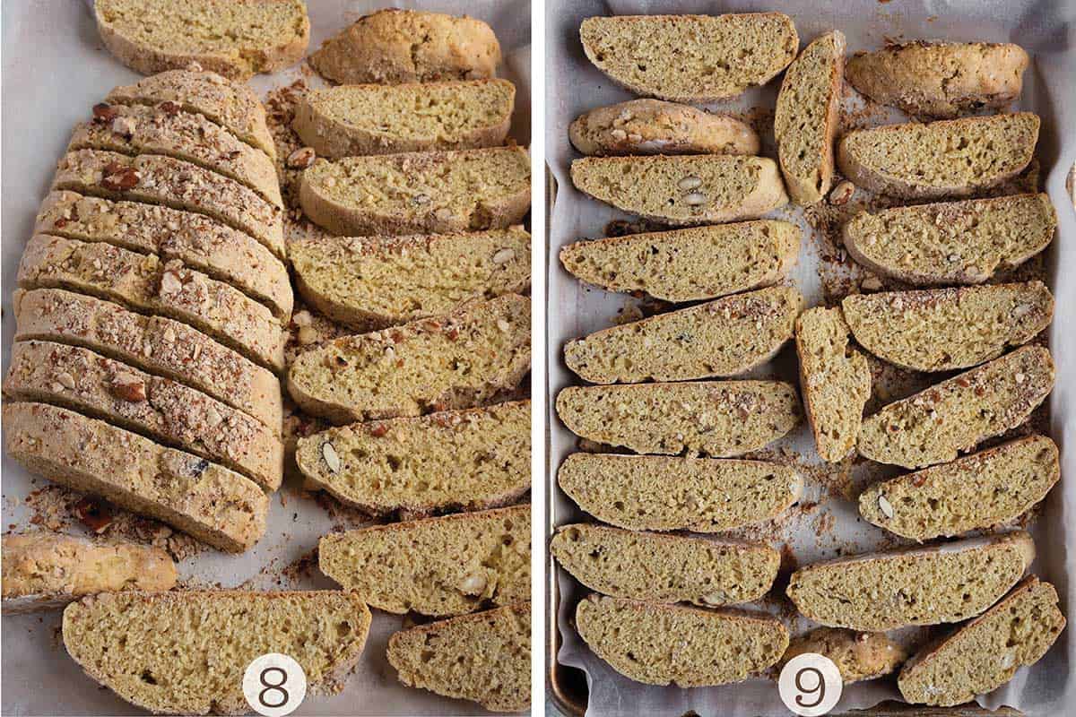 Two photos of a biscotti log being cut into sections.