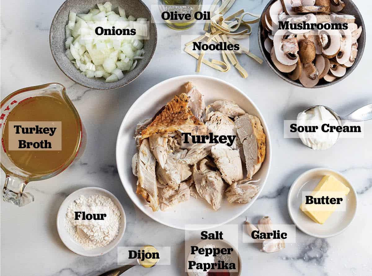Ingredients for turkey stroganoff all in prep bowls. Turkey, onion, broth, flour, dijon, salt, pepper, paprika, galic, mushrooms, sour cream, noodle and olive oil.
