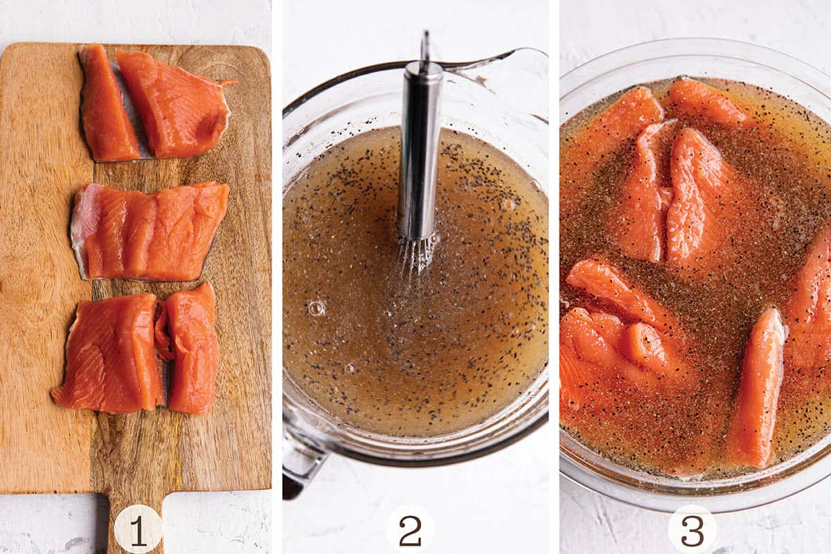 Salmon cut into filets on a wooden board and then soaked in a wet brine. 