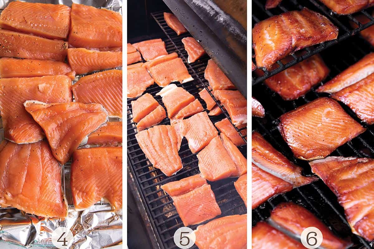 Chunks of salmon on a grill grate being smoked. 