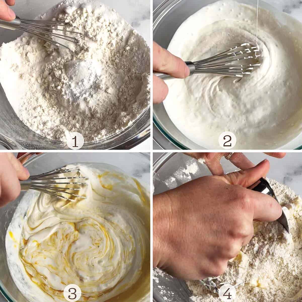 Four images of making scones. Mixing the flour, whisking the wet ingredients and cutting the butter in.