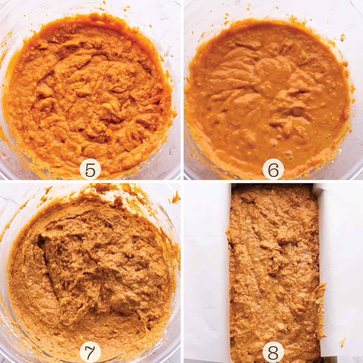 Four images of pumpkin batter being mixed and poured into a loaf pan.