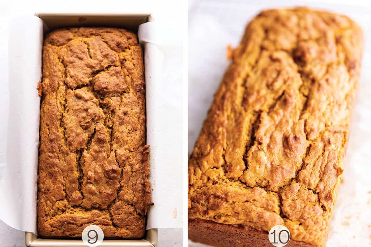 A loaf of pumpkin bread baked in a loaf pan and cooling on a rack.