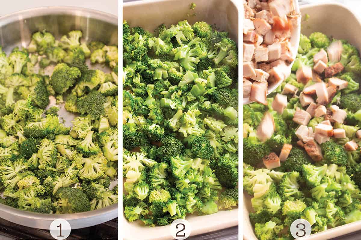 Three images of broccoli being steamed and then in a pan with chicken on top. 