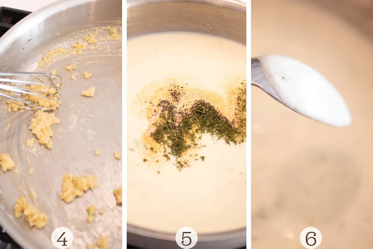 Three images for each step of making a roux cream sauce.