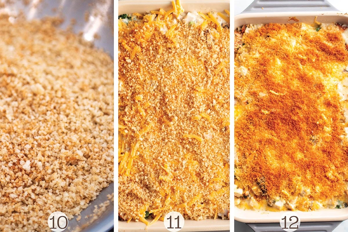 Bread crumbs being toasted and then topped on a casserole.