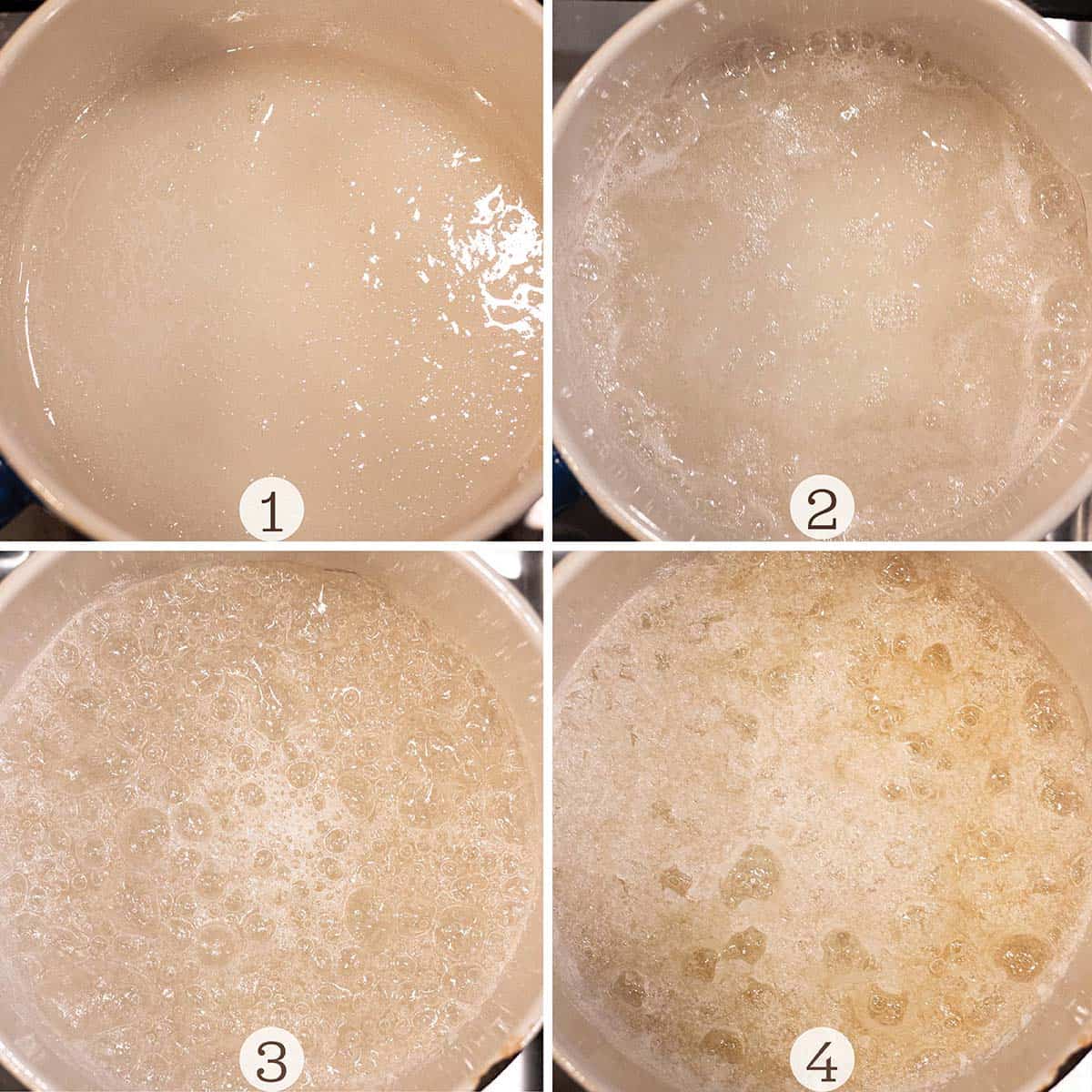 Four images of caramel sauce being made. 