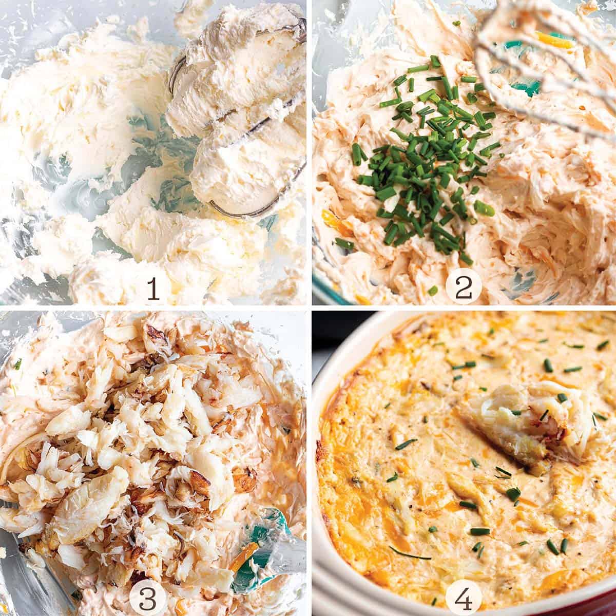 Four images of crab dip being prepreaed. Mixing the cream cheese, adding the herbs and cheeses, then the crab and being baked.