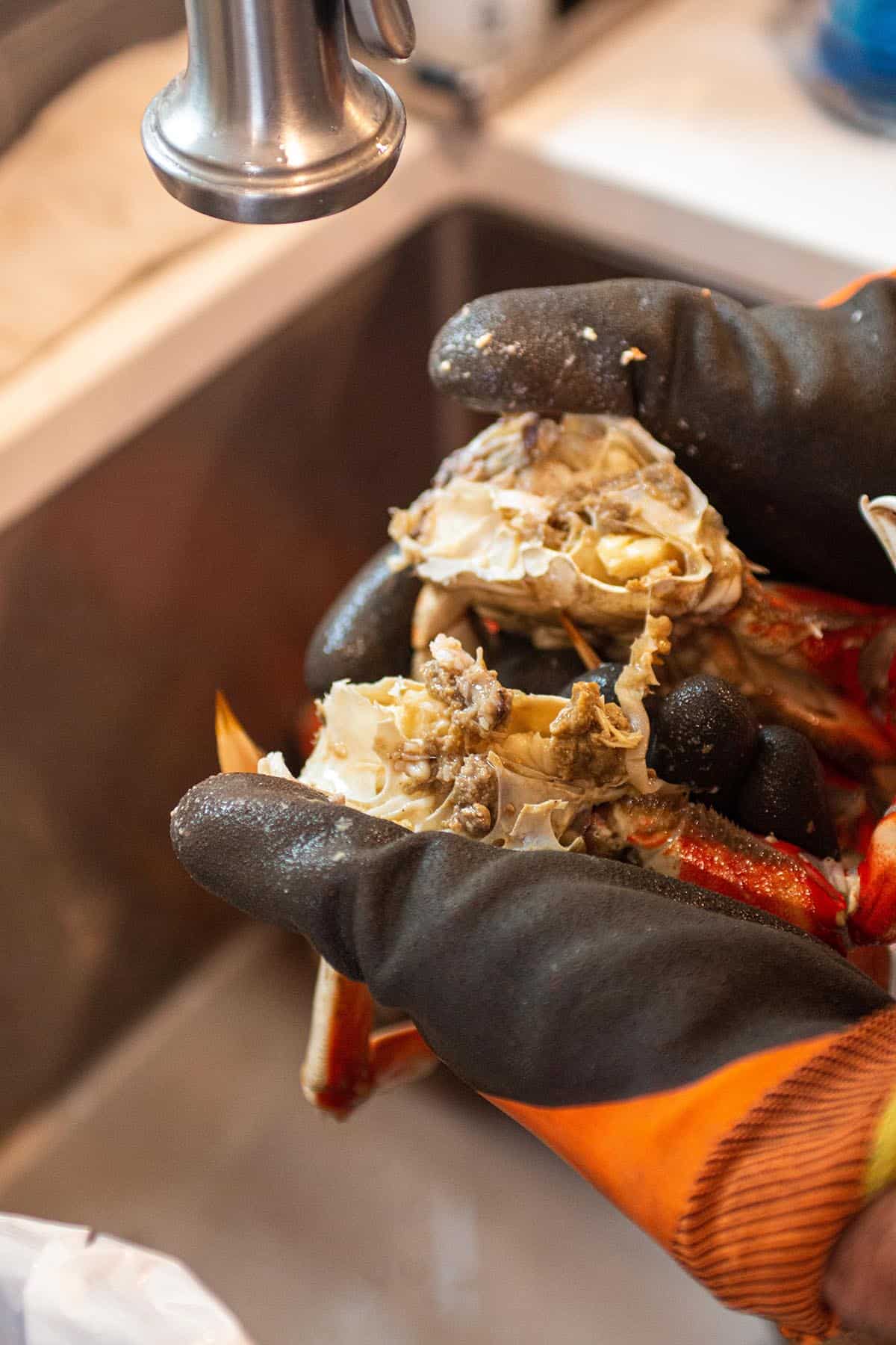 A crab being cracked in half.