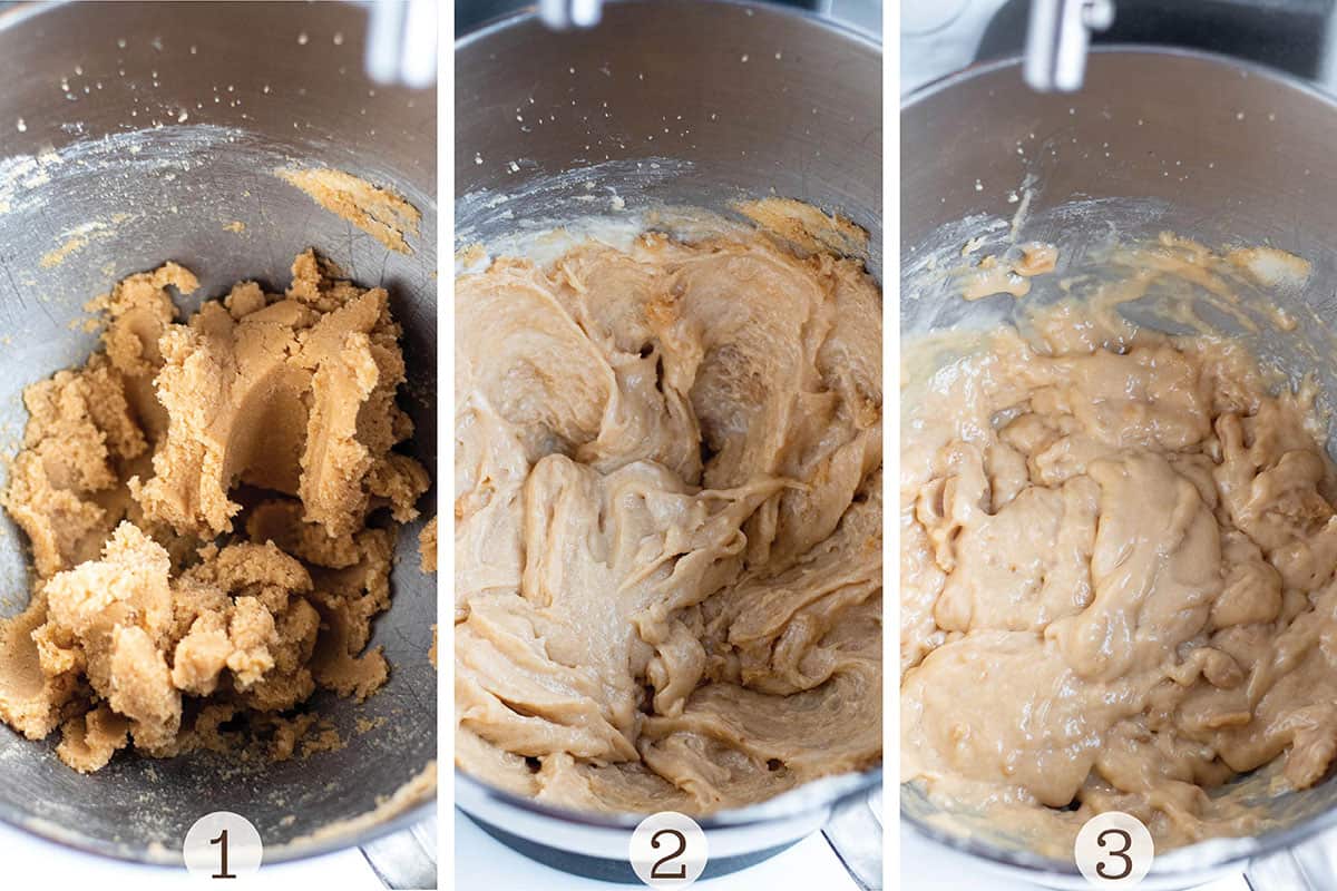 A stand mixer with three steps to make sourdough cookies.