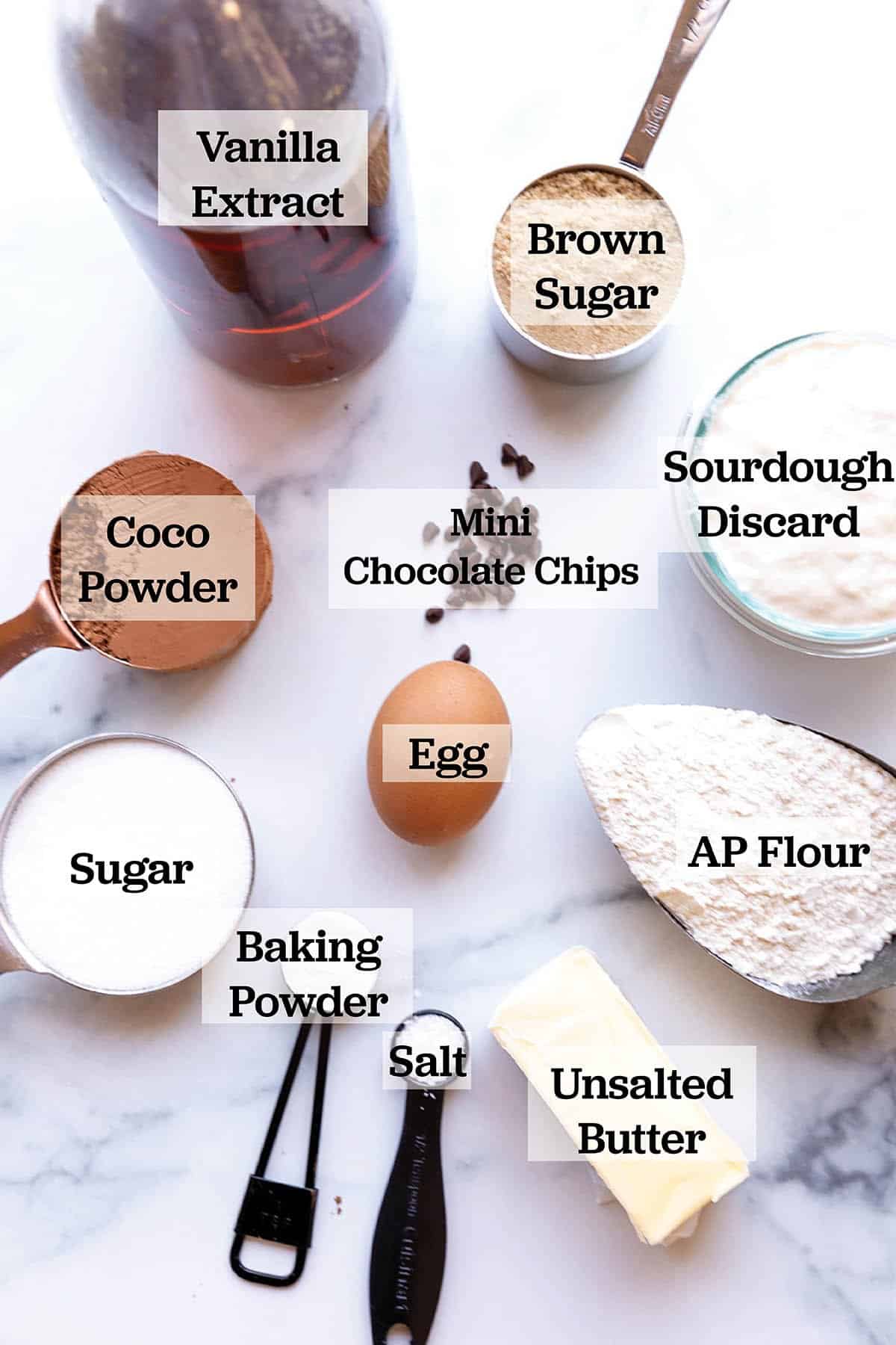 Ingredients laid out to make sourdough chocolate cookies.