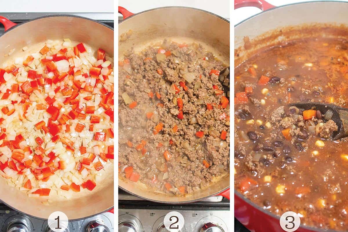 Three images of soup being made in a Dutch Oven pot. 