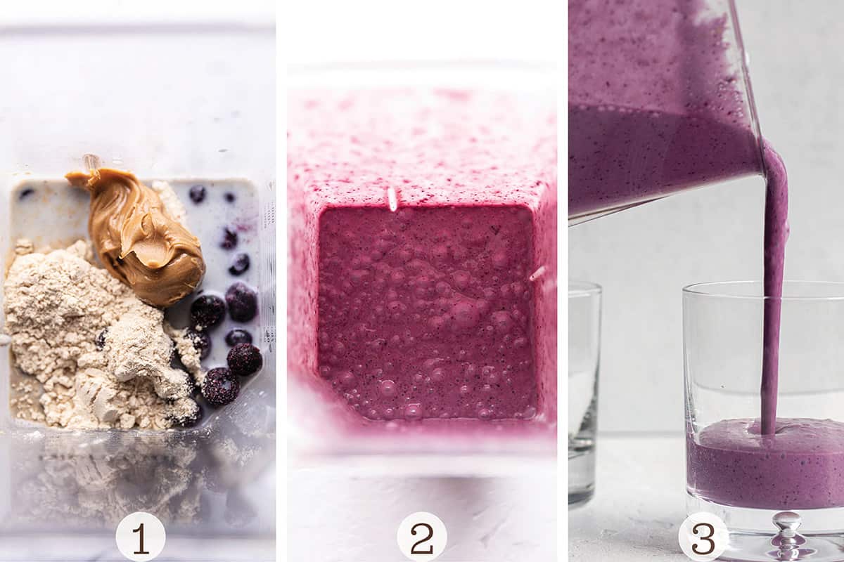 Three images showing how to make a blueberry smoothie. 