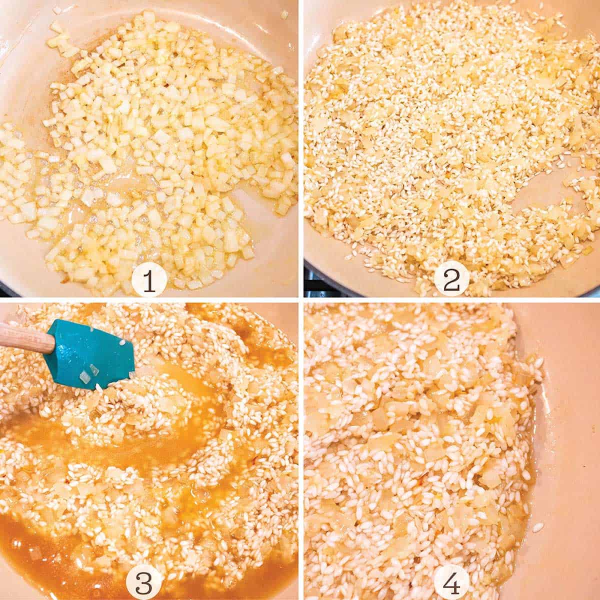 Photos of four different steps to make risotto.