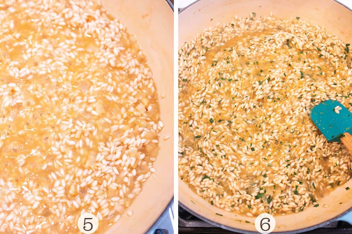 Two photos of rice being cooked.