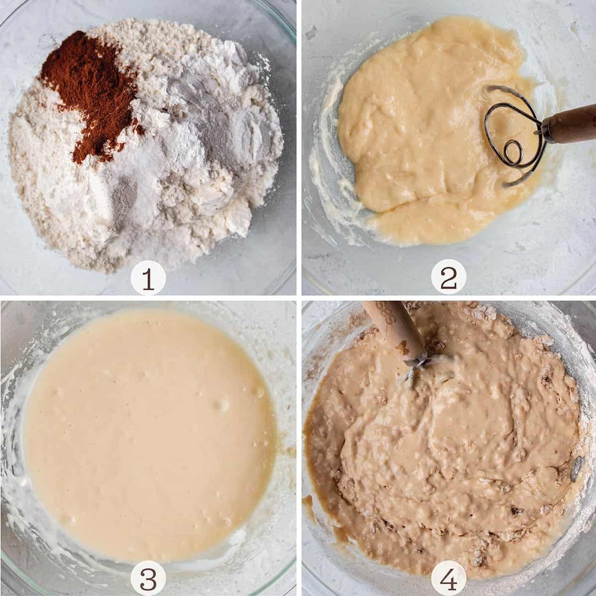Four images of muffins being mixed. The flour mix, wet ingredients then folding together.