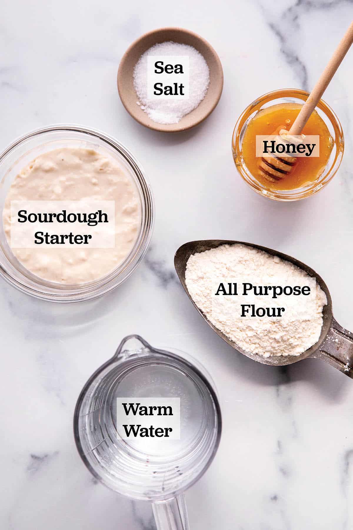 All Purpose flour, honey, sea salt, water and sourdough starter. 