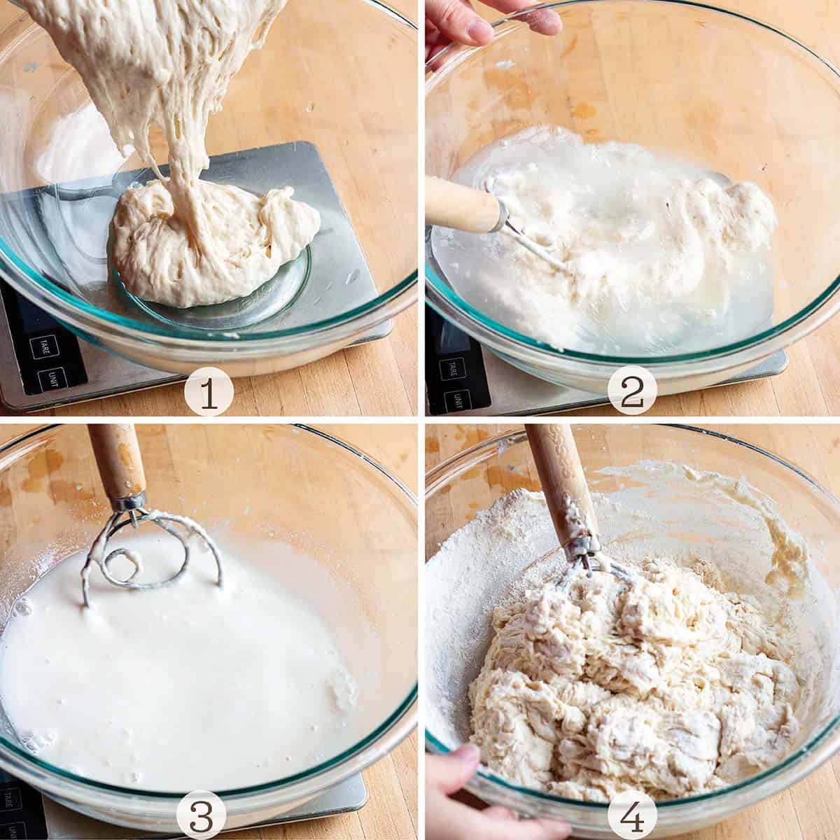 Four images of sourdough starter being mixed with water and flour.