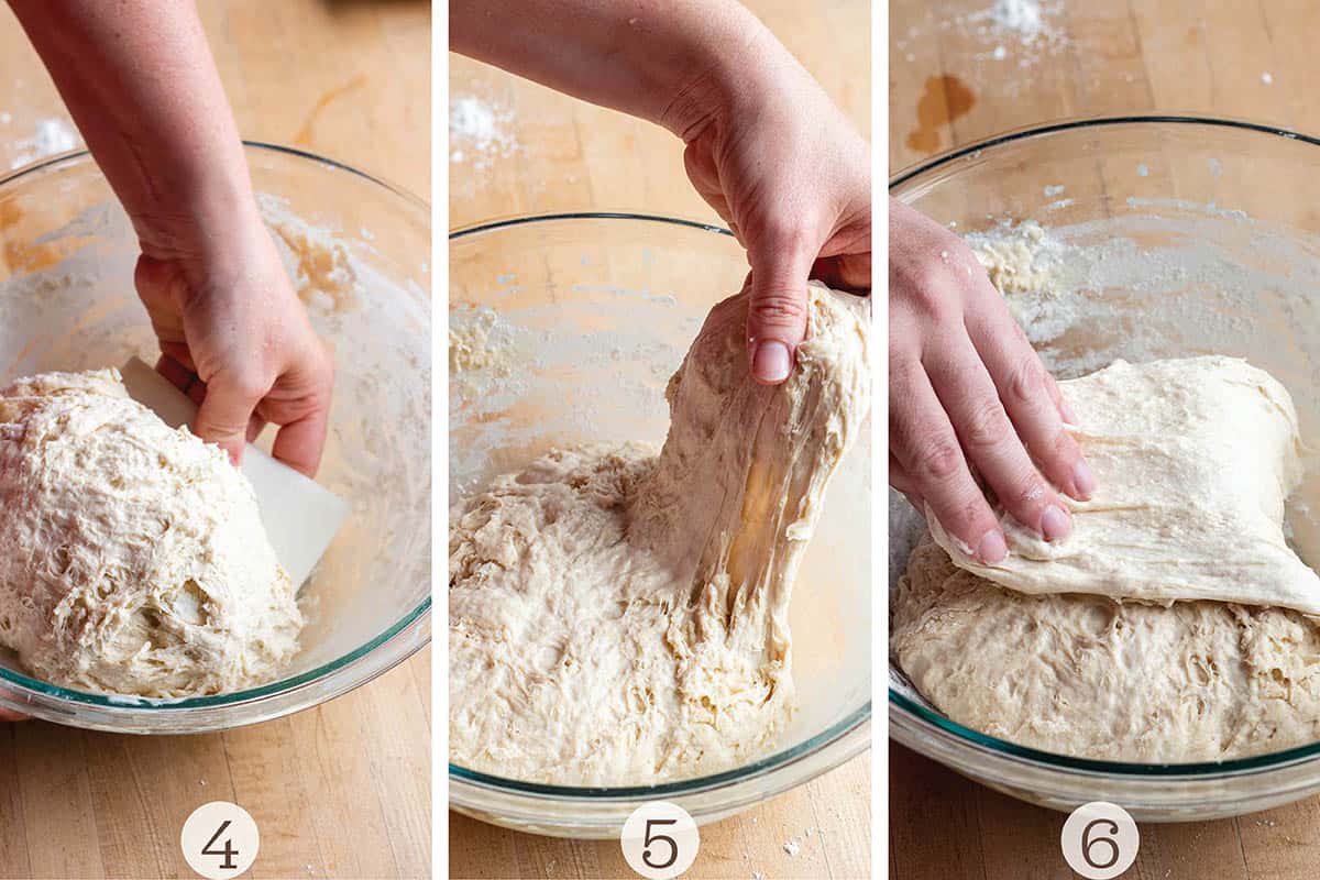 Three photos of stretching and folding a ball of dough.