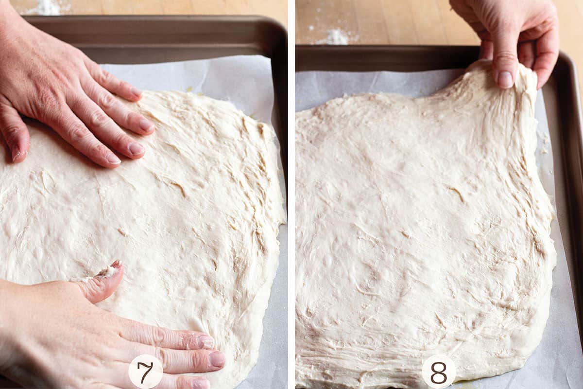 Two hands shaping a loaf of sourdough focaccia.
