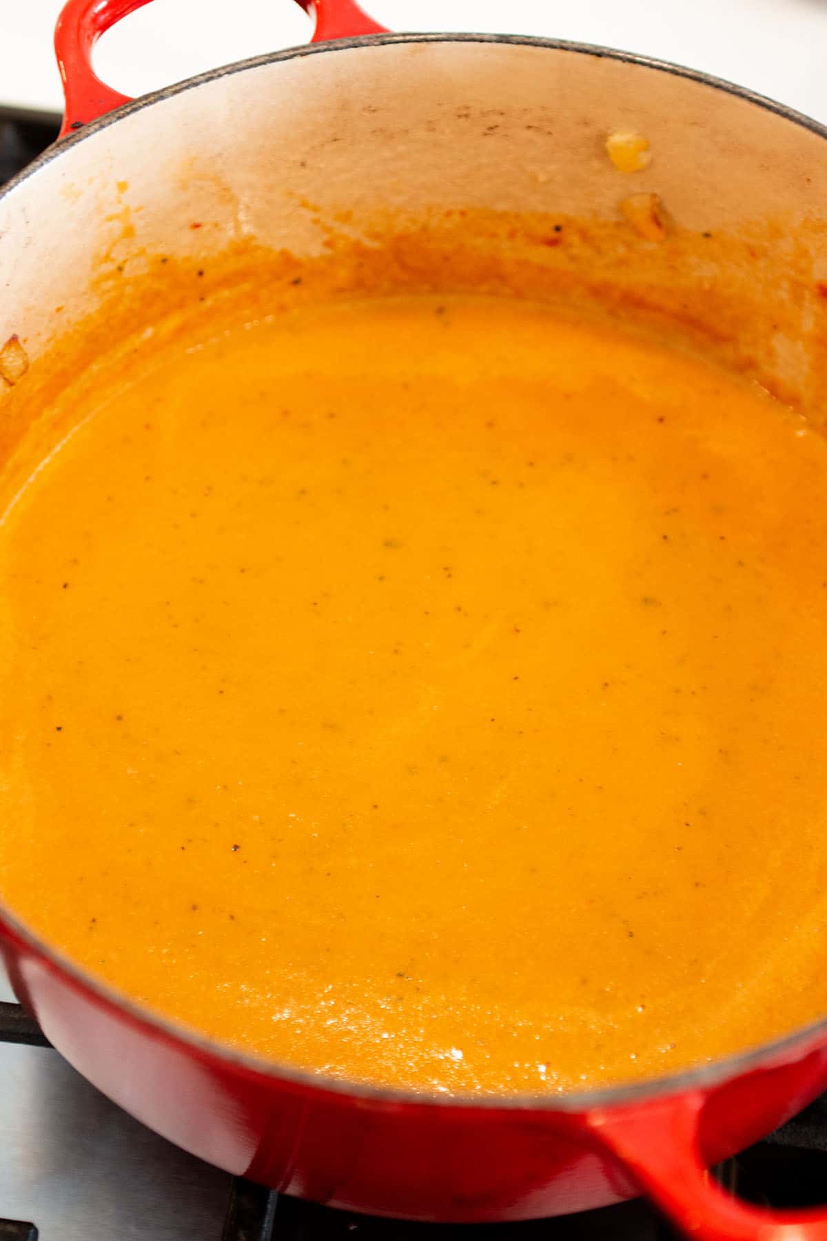 A creamy orange tomato soup in a Dutch Oven.