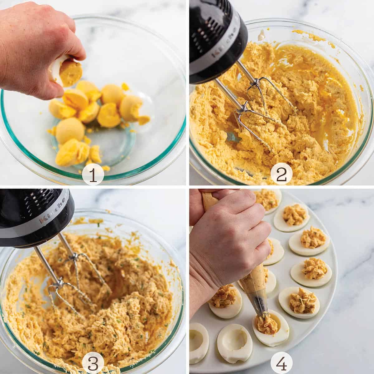 Four images of step-by-step making deviled eggs.