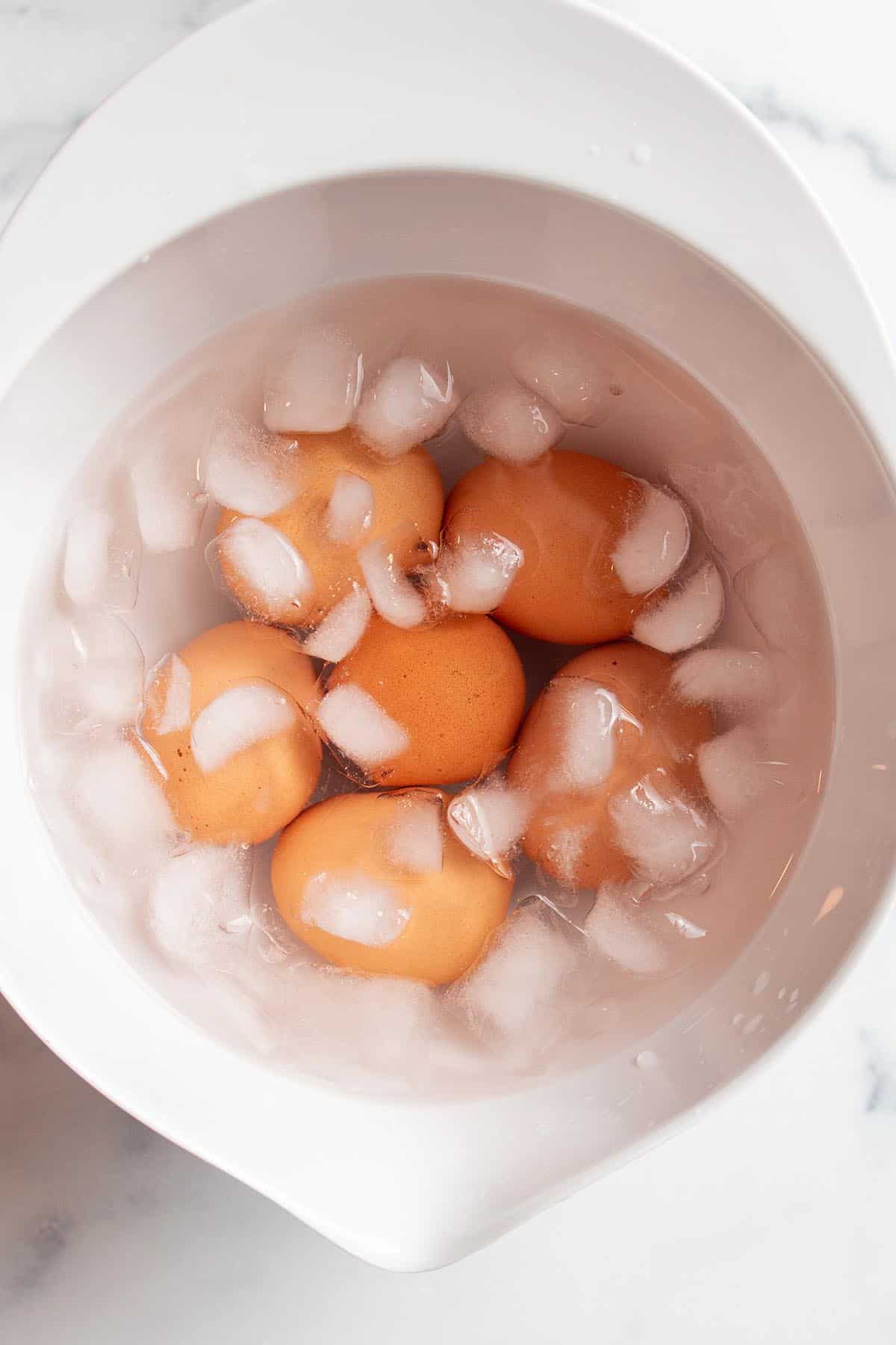 Brown eggs in a bowl of water and ice.