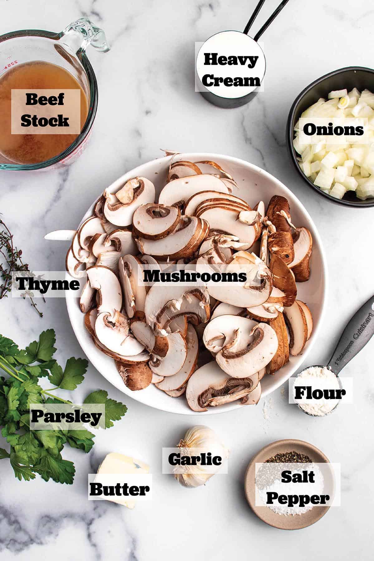 Ingredients in prep bowls to make a mushroom sauce.
