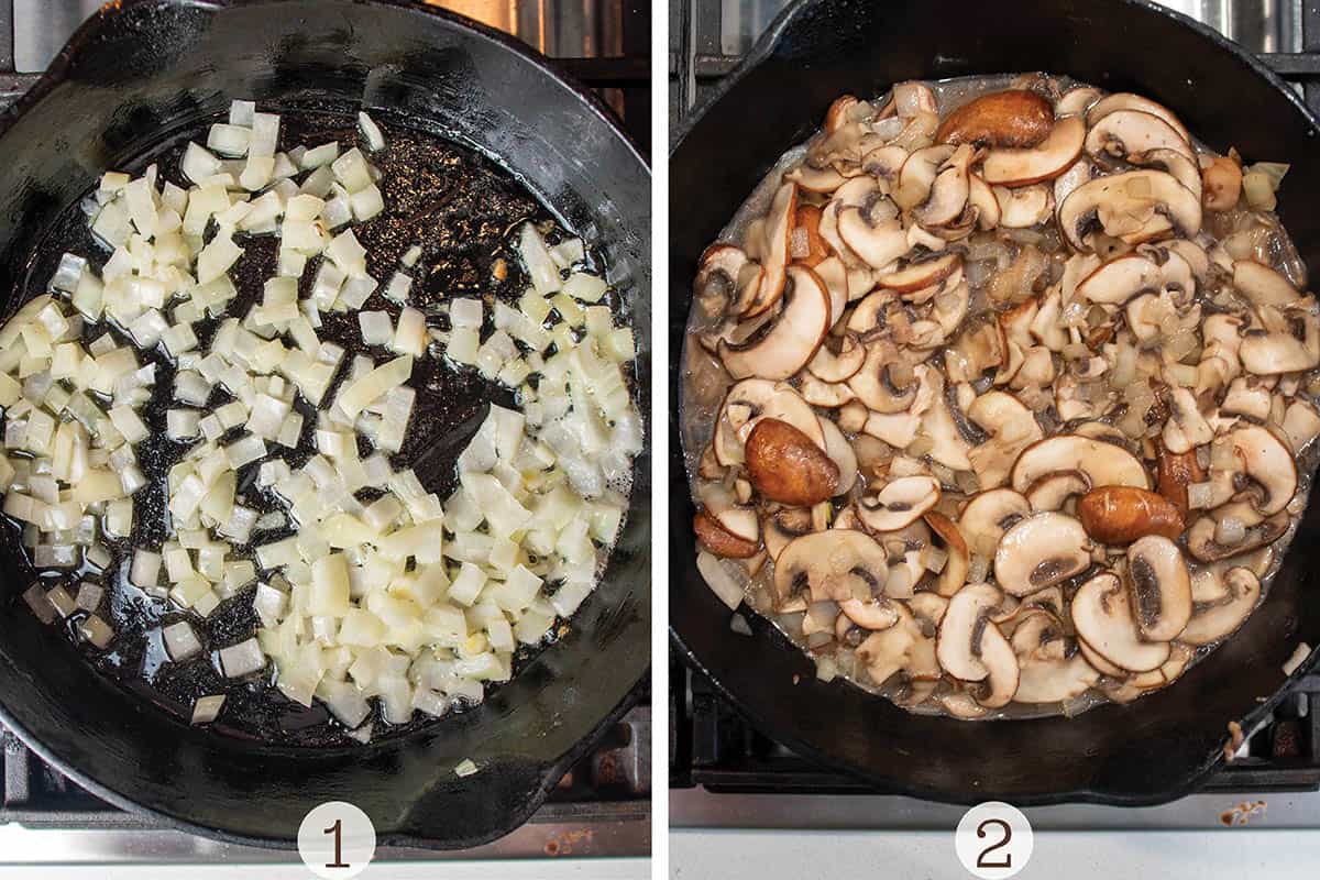 Two photos: One with onions sautéing in a pan and the second with mushrooms sautéing. 