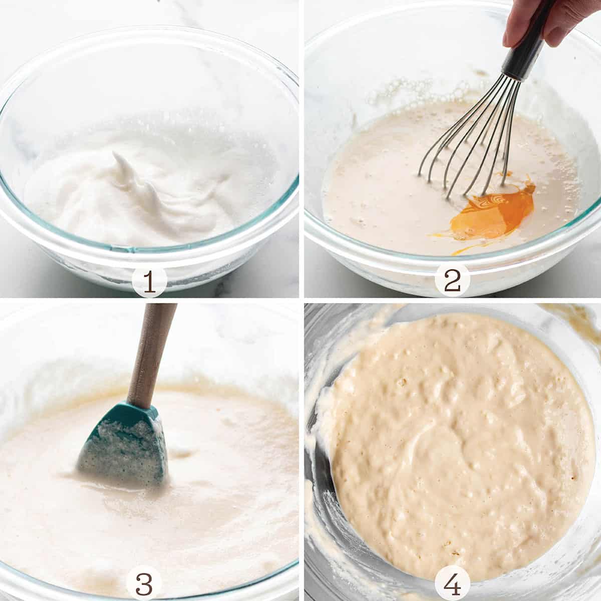 Four images of waffle batter being mixed. Whipped eggs and a spatula folding everything together.