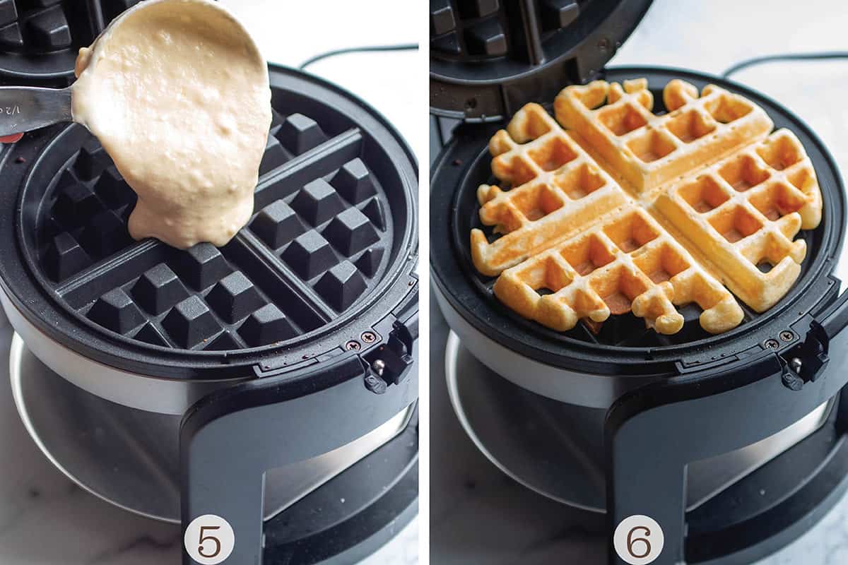 Two photos of waffles being made. One pouring the batter on and one with a cooked waffle.