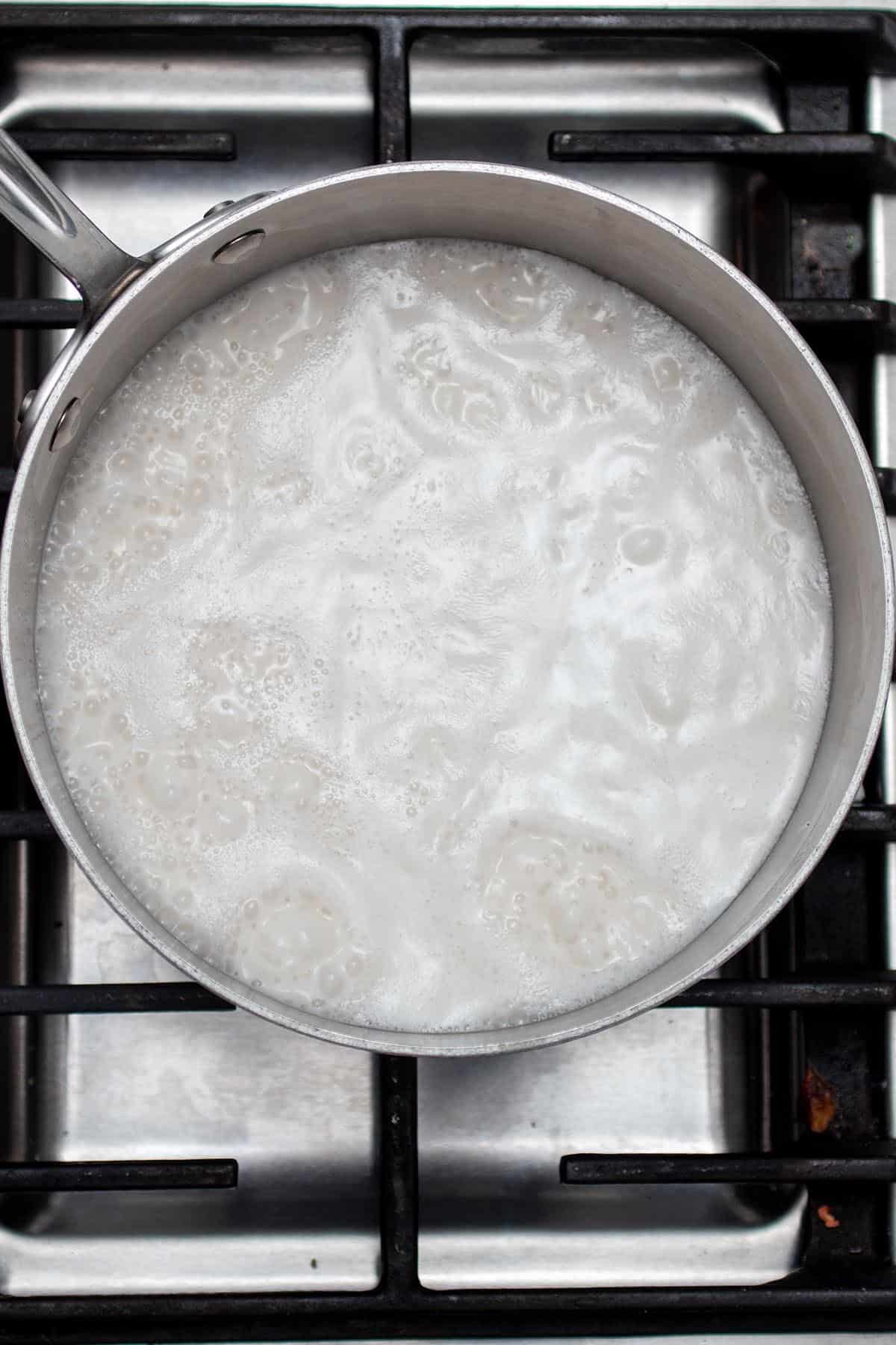 A small pot with water and coconut milk simmering.