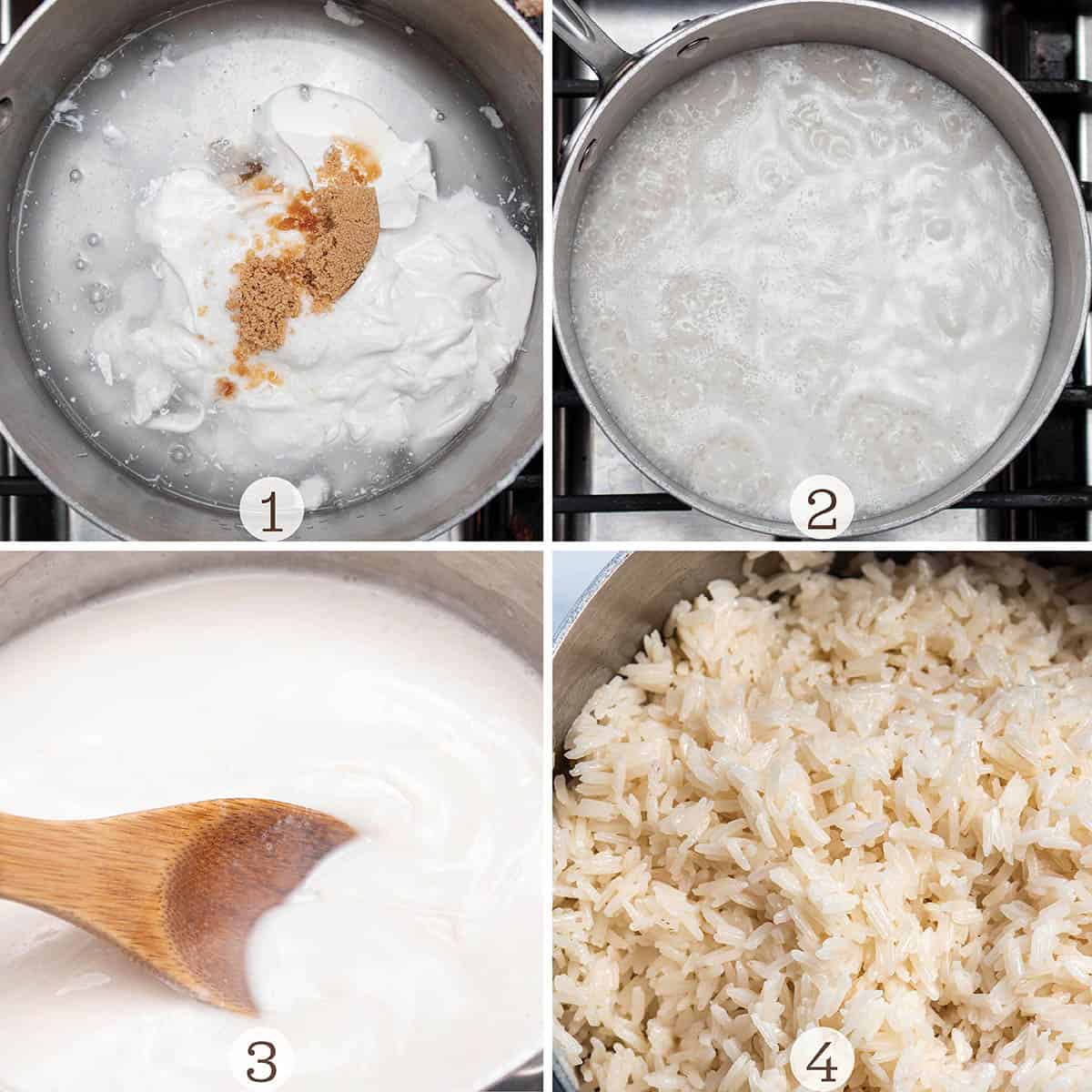 Four images of a small sauce pot making rice. One with all the ingredients, then being boiled and the final result.