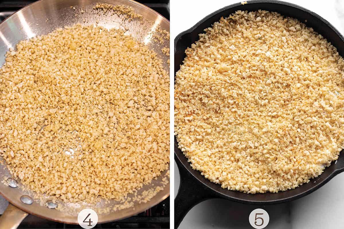 Panko crumbs being cooked and then spread over a dip.