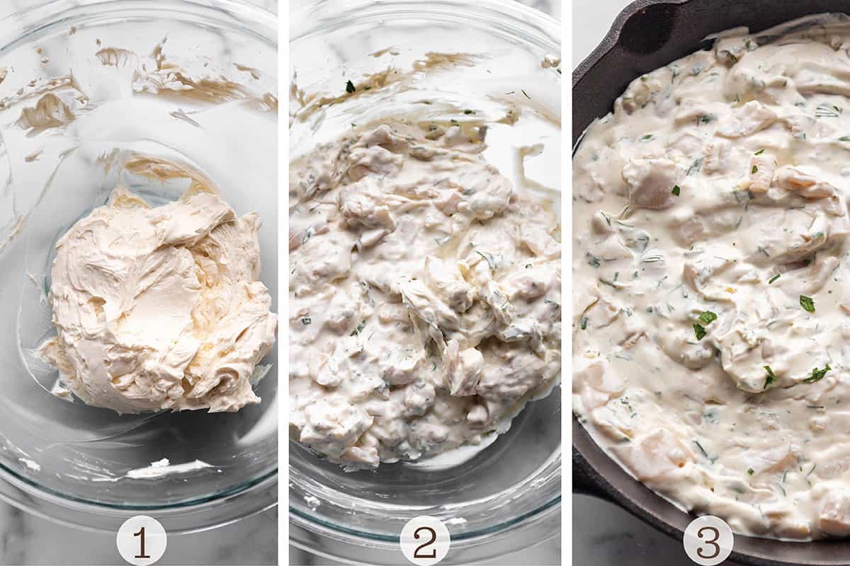 Three image of making clam dip. Mixing the cream cheese and then spreading it in a cast iron pan.
