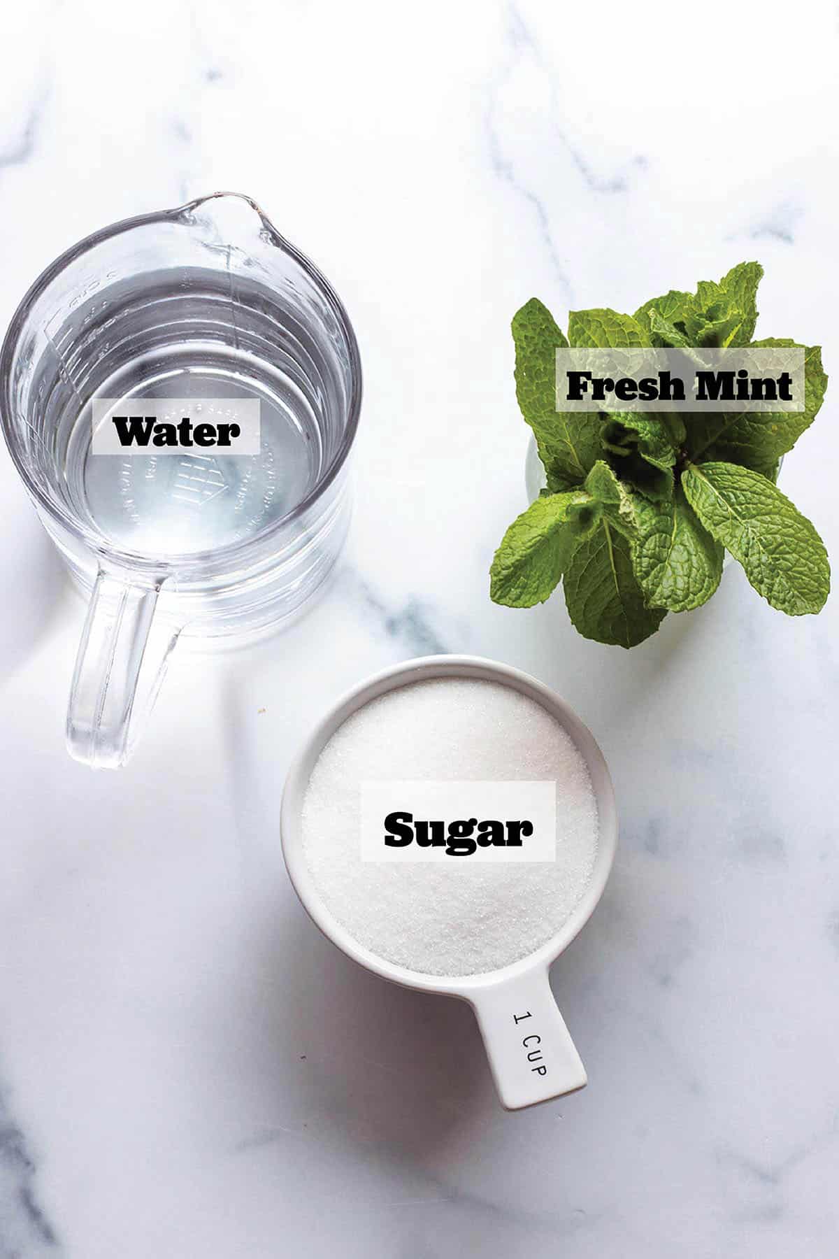 Fresh mint leaves, a cup of water and a cup of sugar.