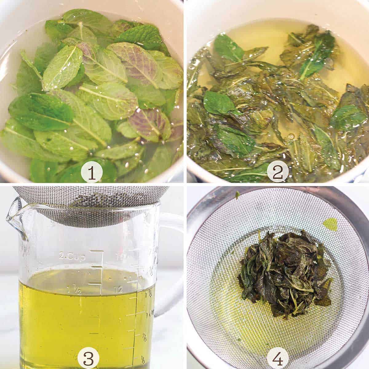 Four images of making mint simple syrup. The leave boiling and then being strained through a fine mesh strainer.