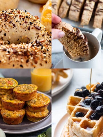 Four images of a sourdough bagel, waffles, biscotti and breakfast bites.