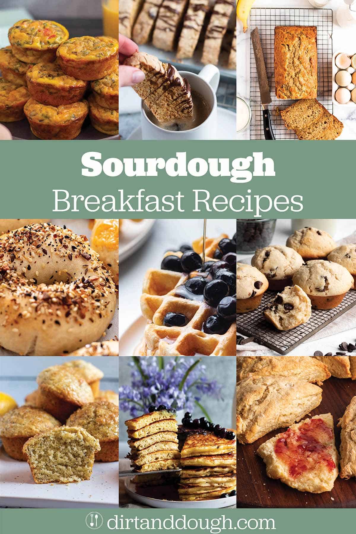 A collage of 9 different images of what you can make with sourdough for breakfast.