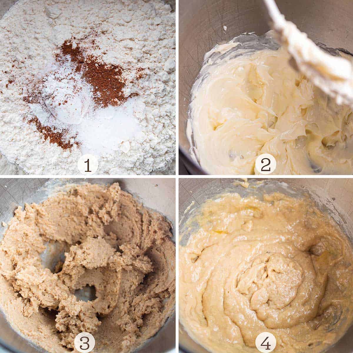 Four images of sourdough cookie dough being made. One bowl with the dry ingredients then a stand mixer creaming together the wet and then the dry. 