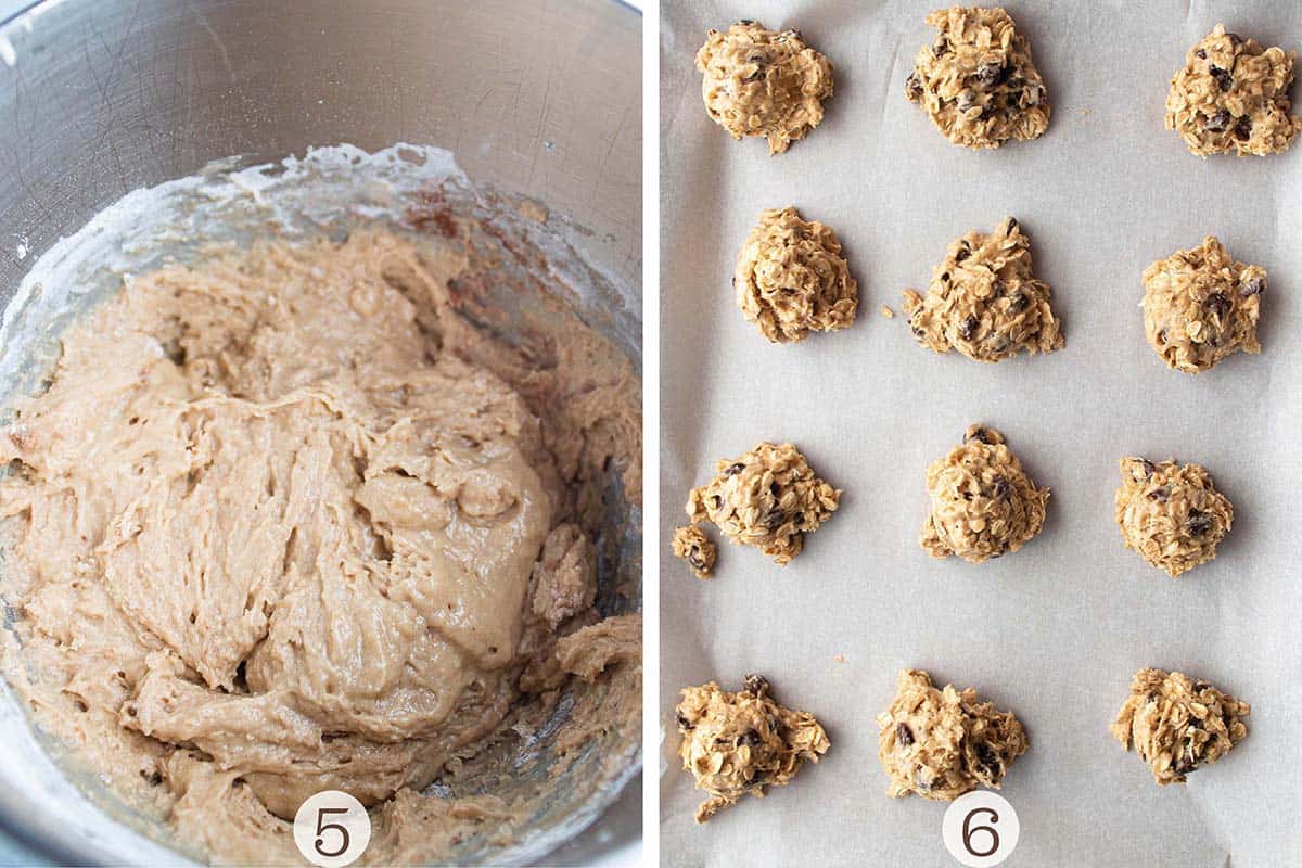 One photo of cookie batter and the other two with cookies scooped onto a cookie sheet. 