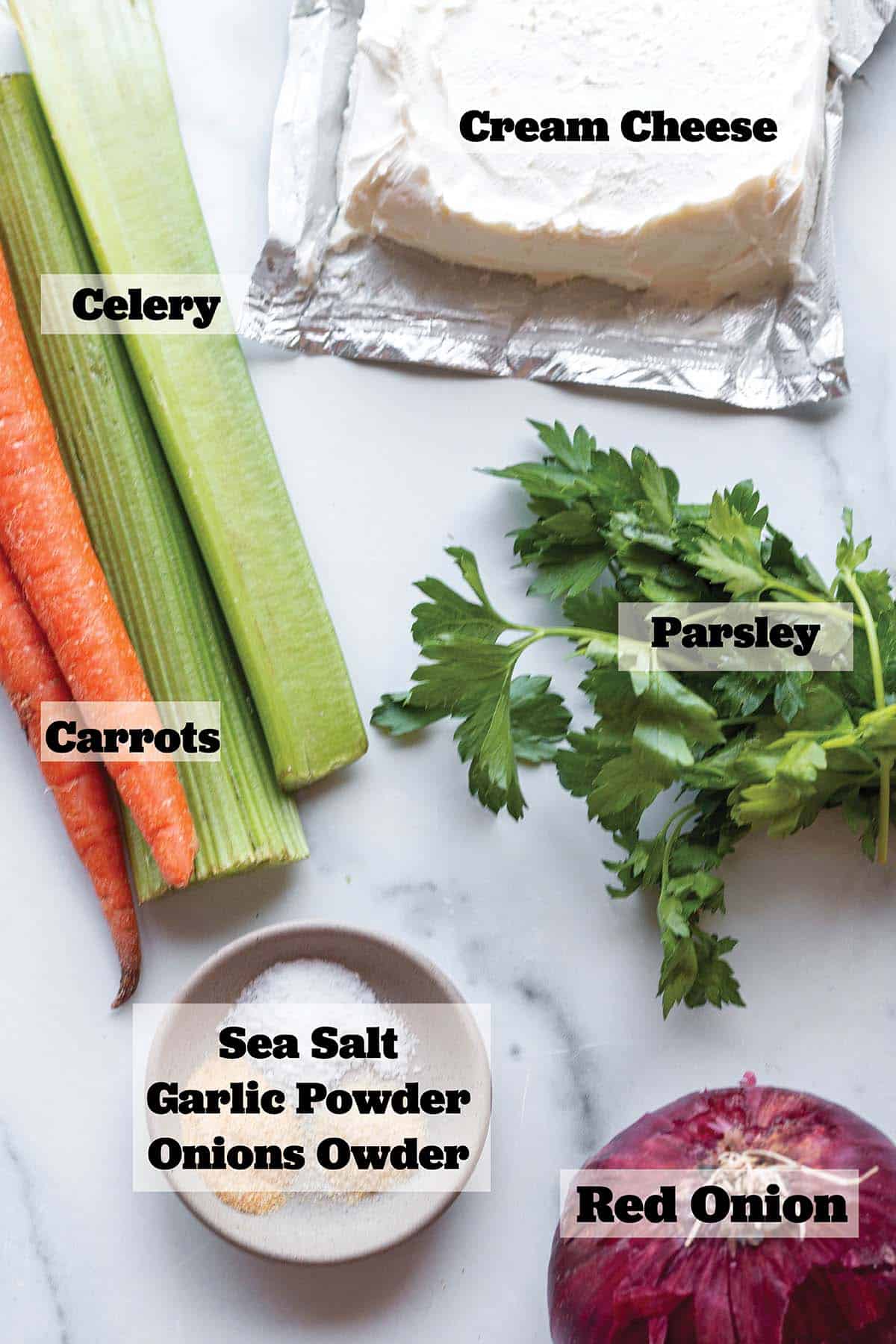 Carrots, celery, onion, parsley, cream cheese, sea salt, onion powder, garlic powder.