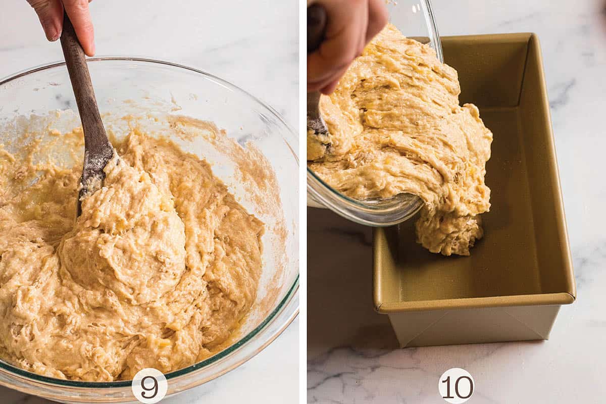 A photo of dry ingredients being mixed into the wet and a soon of a spoon pouring batter into the pan.