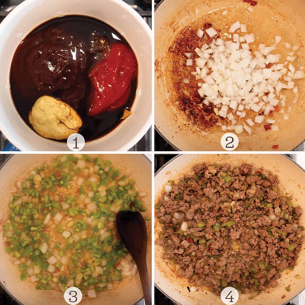 Four images. A small pot with a BBQ mix, and three with a large pan cooking onions, peppers, and ground beef.