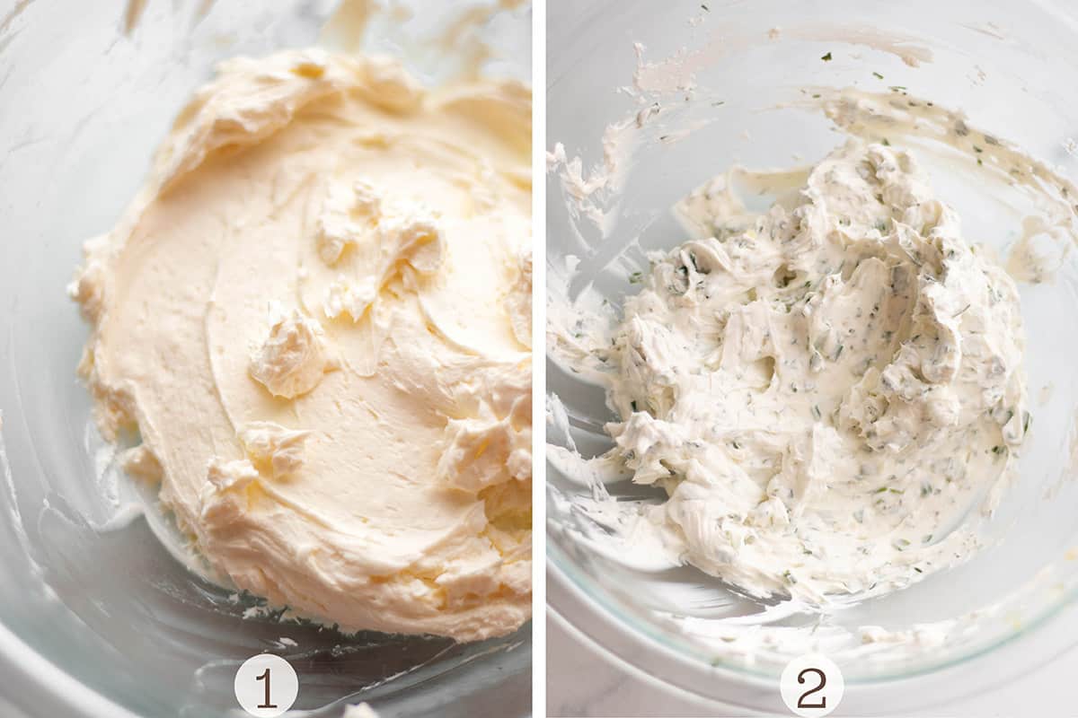One photo with cream cheese and sour cream creamed together and a second photo with fresh herbs added.