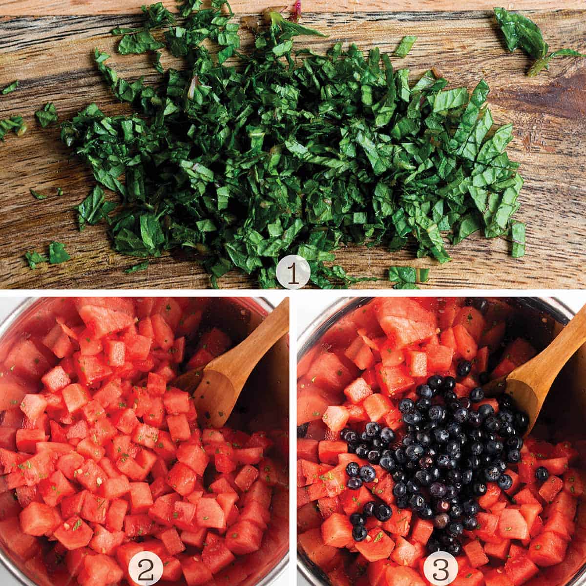 Three photo collage, one with diced mint and the other two with a bowl of watermelon, mint and blueberries being mixed together.