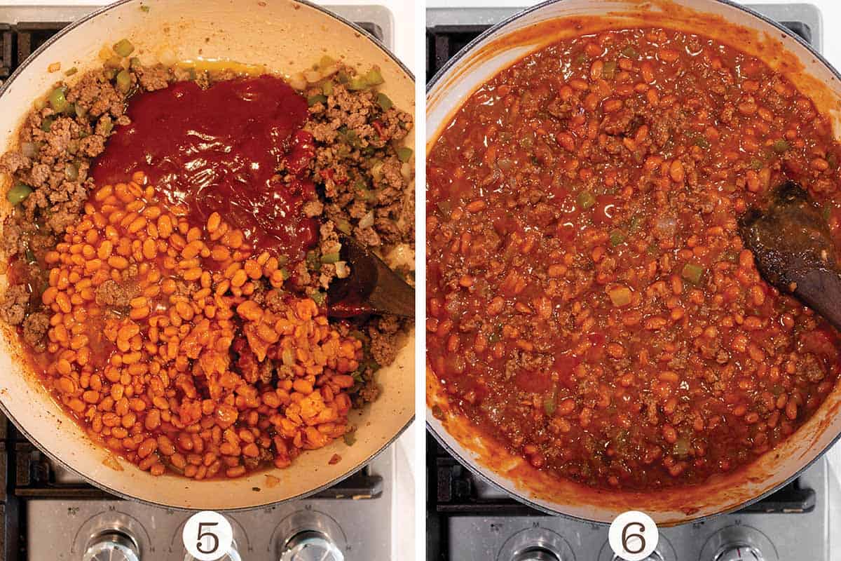 Two photos. One with a braiser full of beans and ground beef and the other with a BBQ sauce mixed in.
