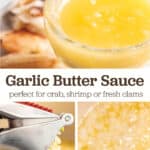 Three images. One of a piece of crab being dipped in butter and the other two of garlic being pressed and the butter summering.