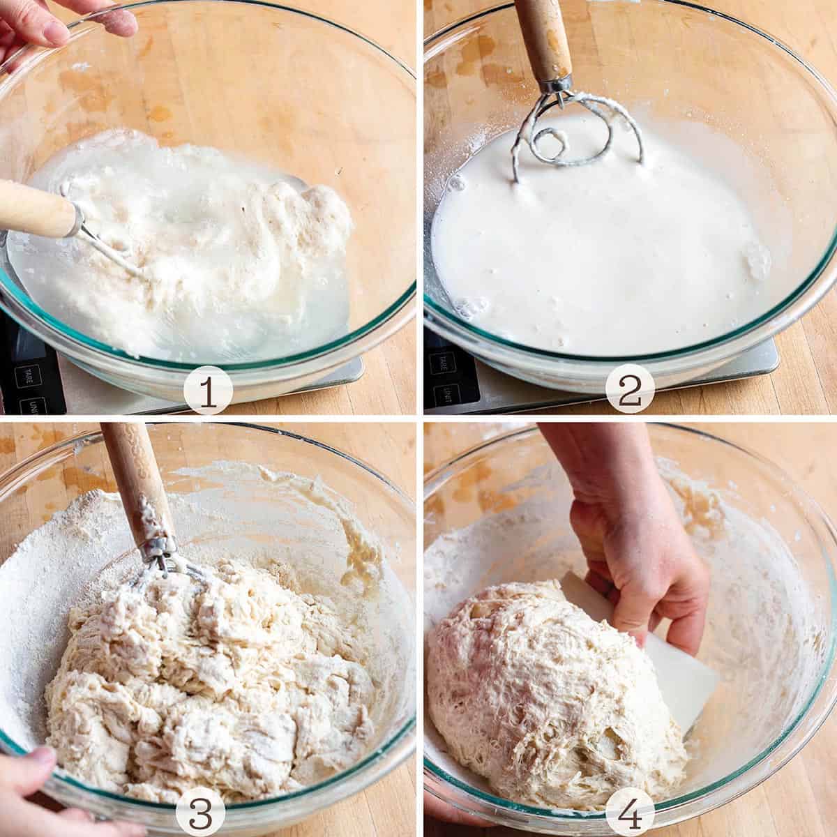 Four images of mixing a loaf of sourdough bread.
